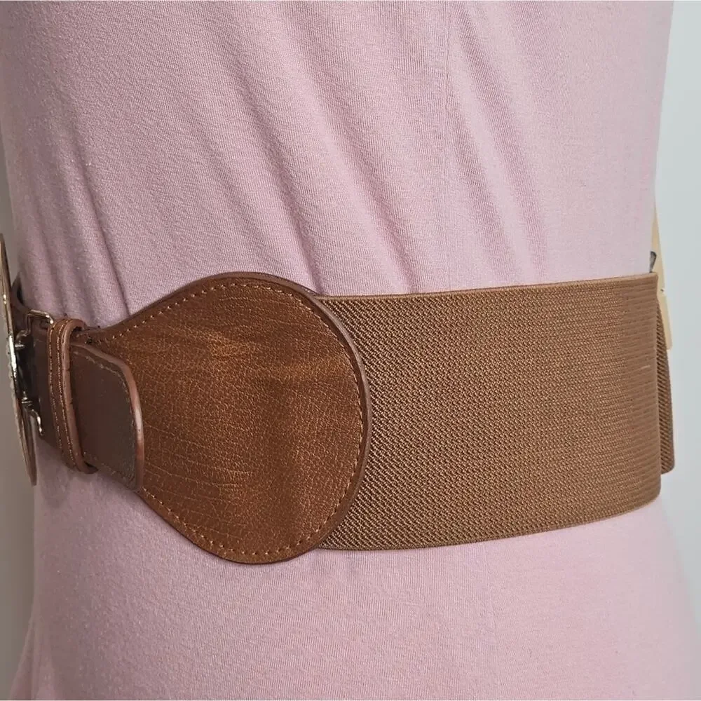 Elastic Belt with Gold Toned Buckle and Faux Leather